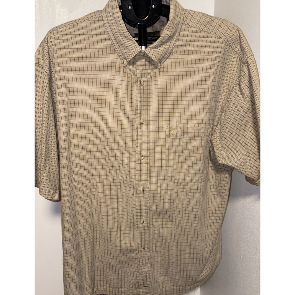 Timberland Mens Short Sleeve Button Down Micro Check Shirt Beige SZ M